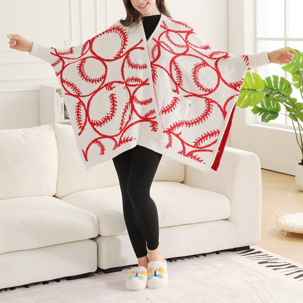 Sports Ball Pattern Wearable Blanket Cape Shawl with Pockets